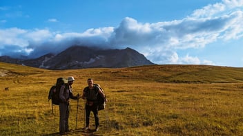 Friends on an active mountain hike