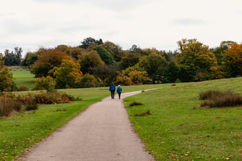Two people walk side by side down a path through an autumn park