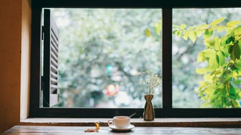 A fresh cup of coffee on a bright windowsill overlooking green leaves