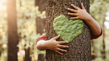 Child hugging a tree trunk decorated with a green moss heart