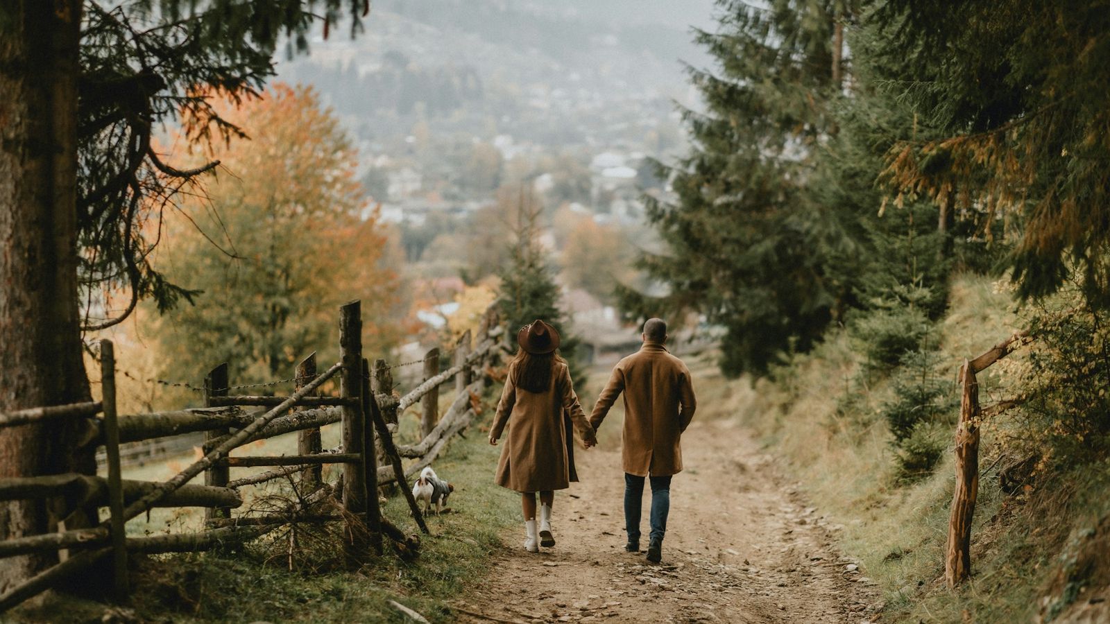 Couple holding hands while walking down a country lane together