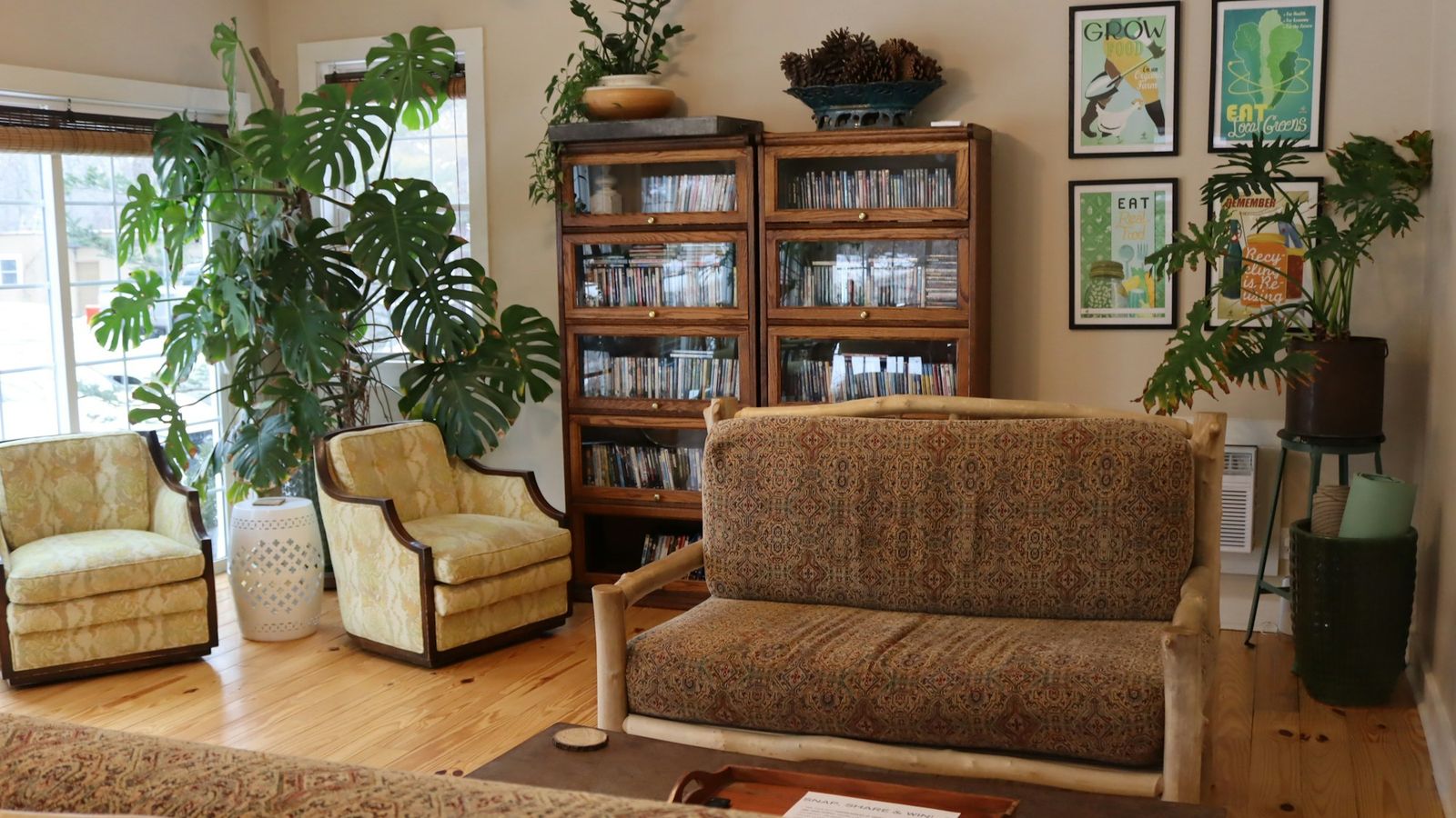 Comfortable sitting room with plants, armchairs, and warm natural light
