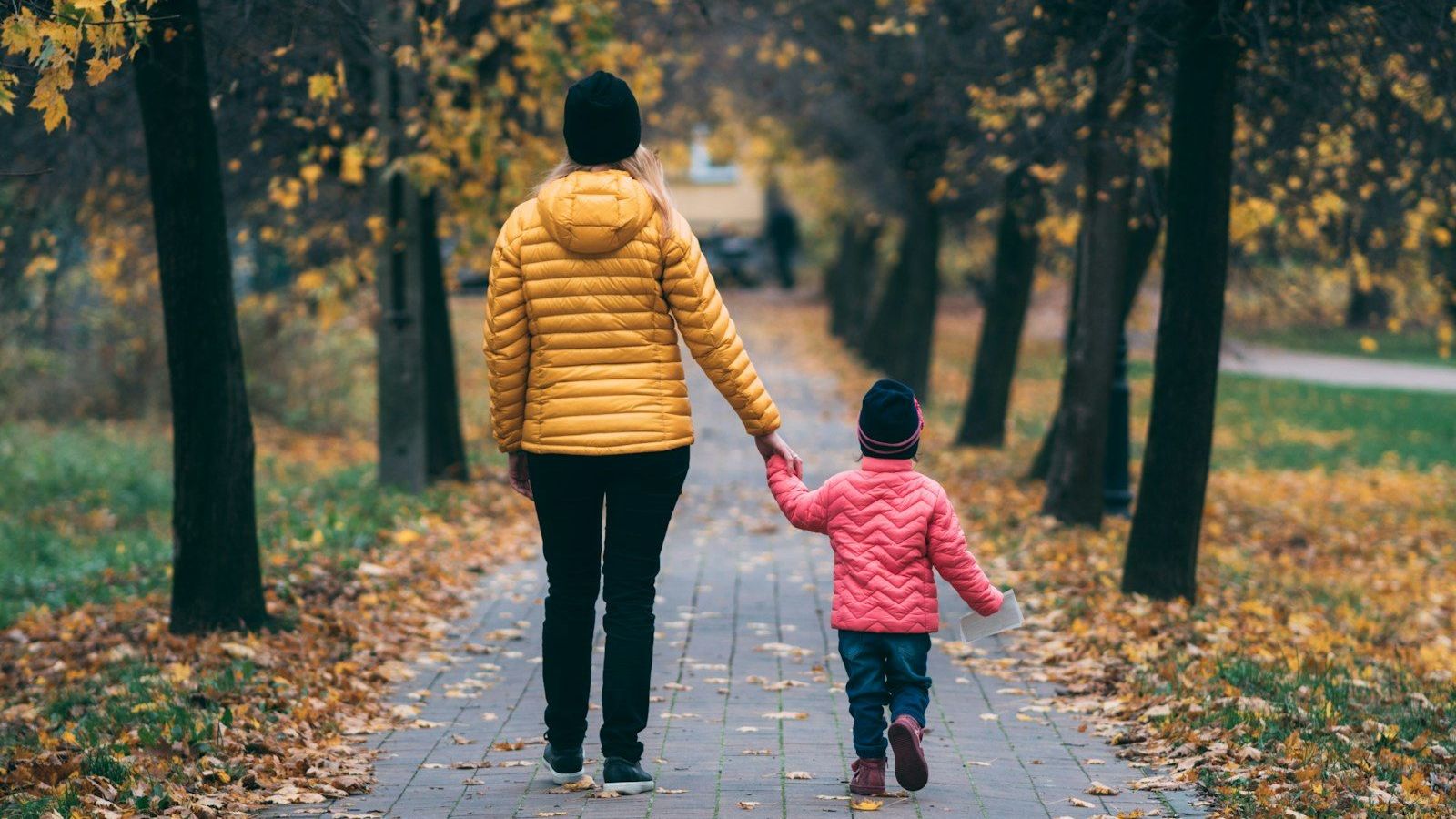 A parent and young child hold hands walking down a tree-lined autumn path