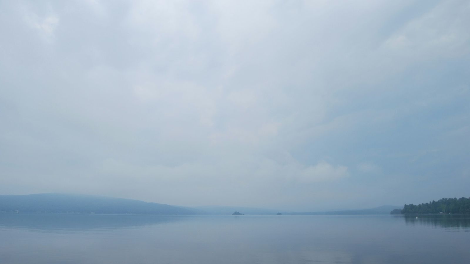 Still water surrounded by trees and sky