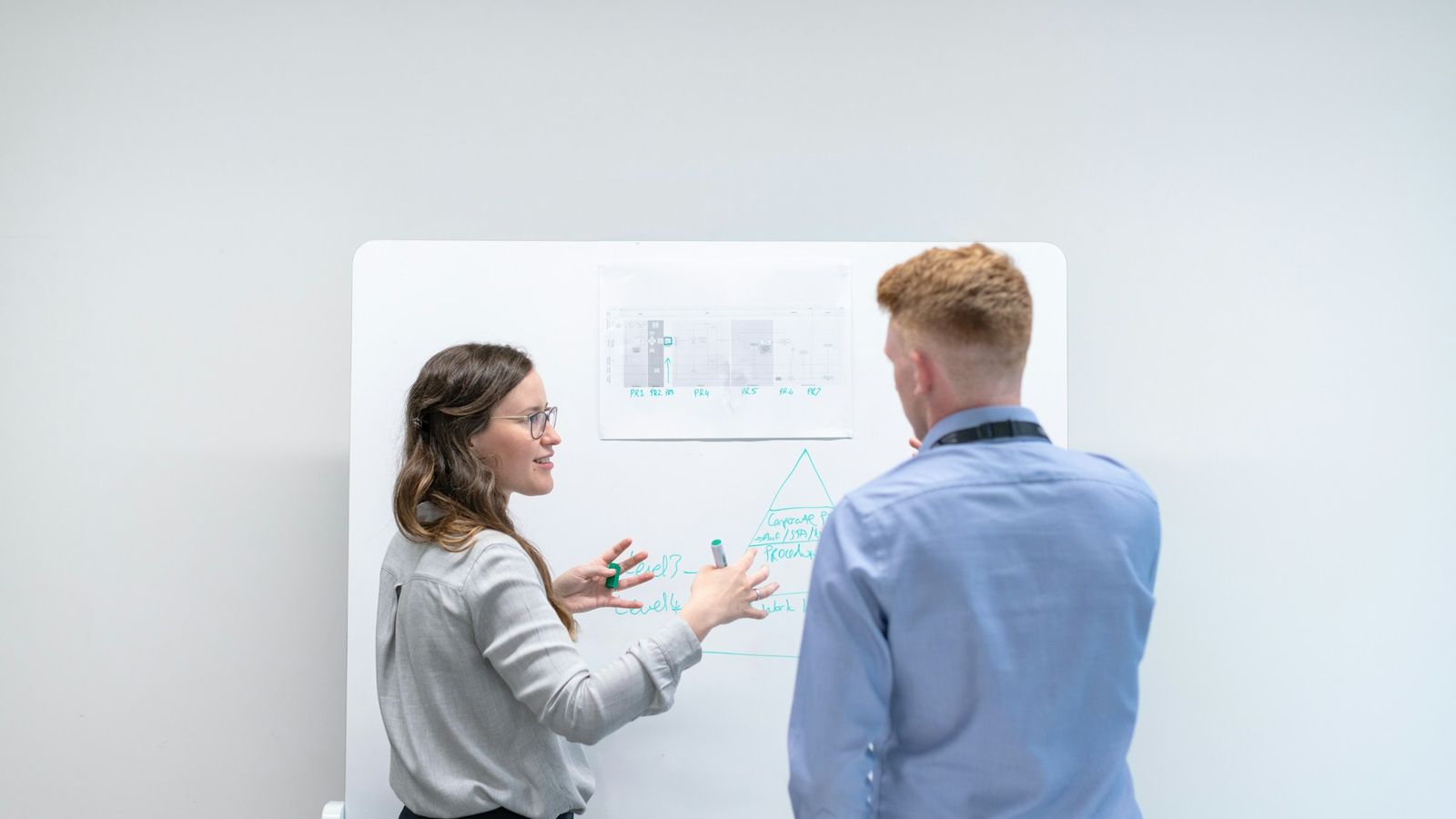 Colleague presenting ideas at a whiteboard