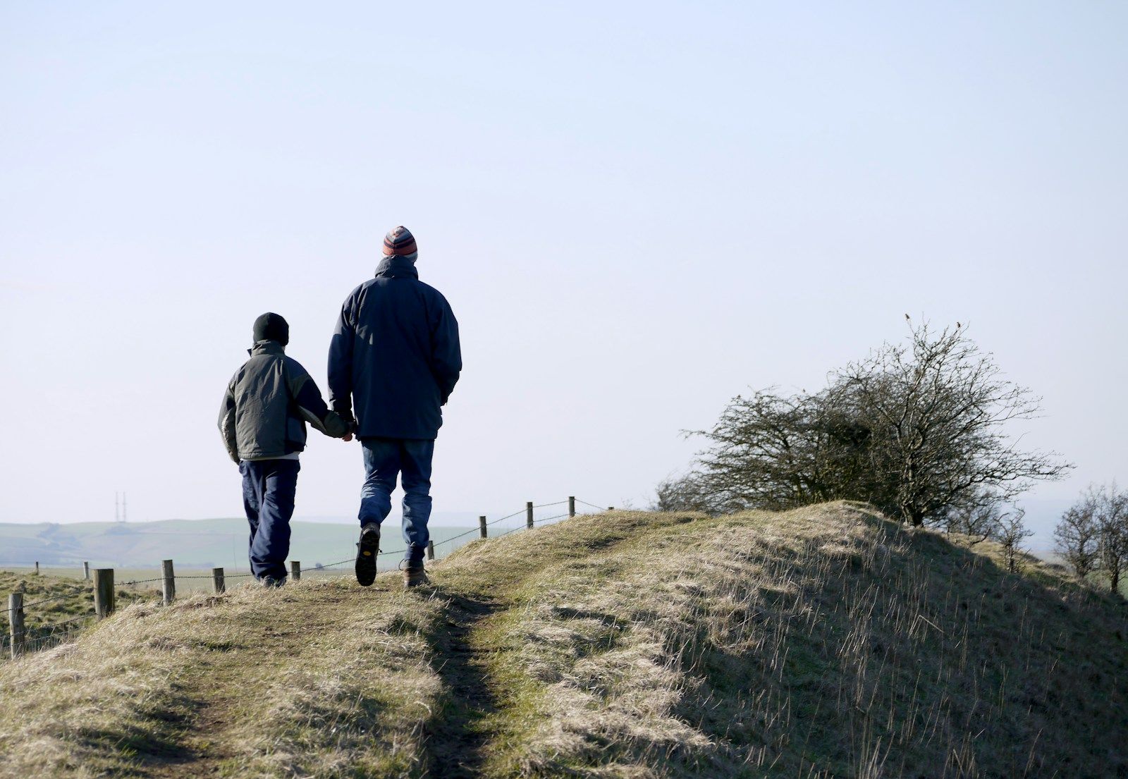 Father and son walking side by side on a grassy hilltop path