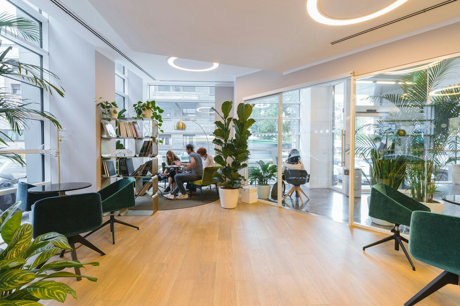 Bright modern office lounge with plants and floor to ceiling windows